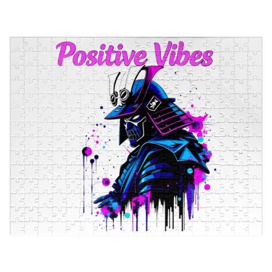 Neon Samurai Skull with Positive Vibes Jigsaw Puzzles