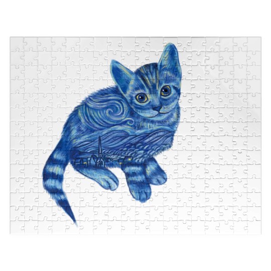 Blue Van Gogh Starry Night Bengal Cat Illustration Jigsaw Puzzles