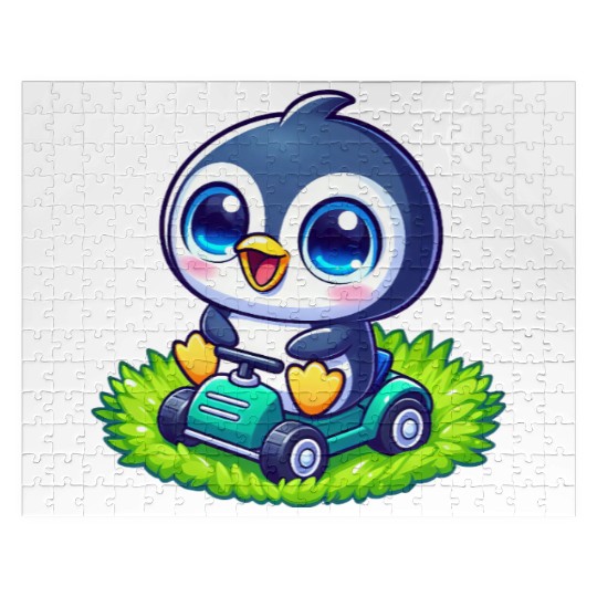 Cute penguin with lawn mower gardening Jigsaw Puzzles