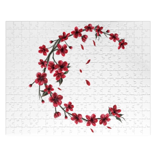 Red Moon Cherry Blossom Sakura Flower Design Jigsaw Puzzles