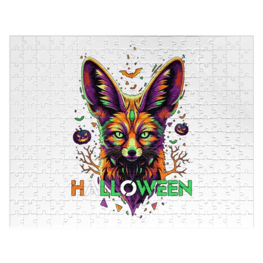 Neon Halloween Fox with Jack-o'-Lanterns Jigsaw Puzzles