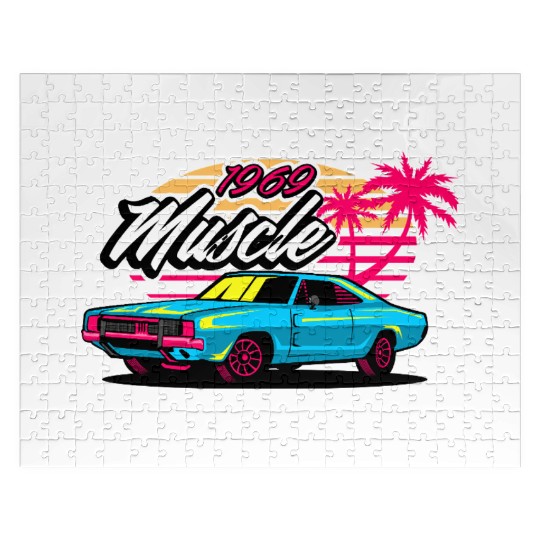 Retro 1969 Muscle Car Sunset Design Jigsaw Puzzles