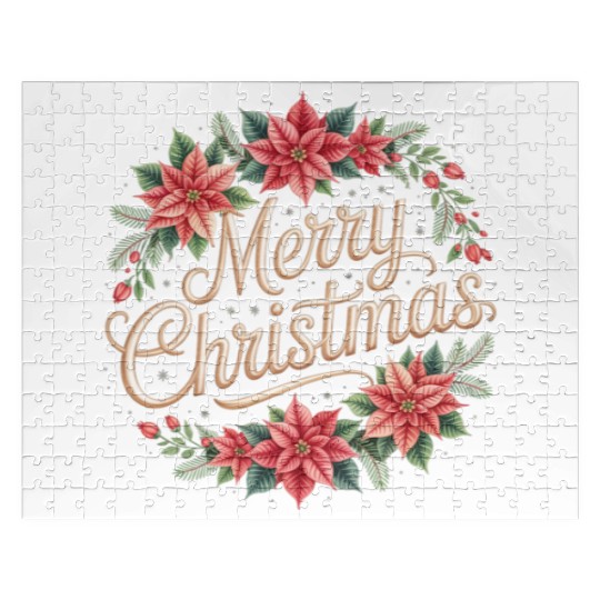 Elegant Poinsettia Wreath Merry Christmas Script Jigsaw Puzzles