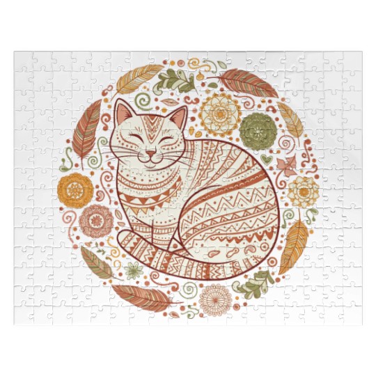 Boho Cat – Cozy Mandala Feather Circle Jigsaw Puzzles