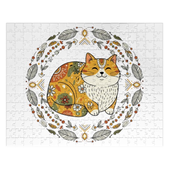 Boho Cat – Warm Feathered Circle Design Jigsaw Puzzles