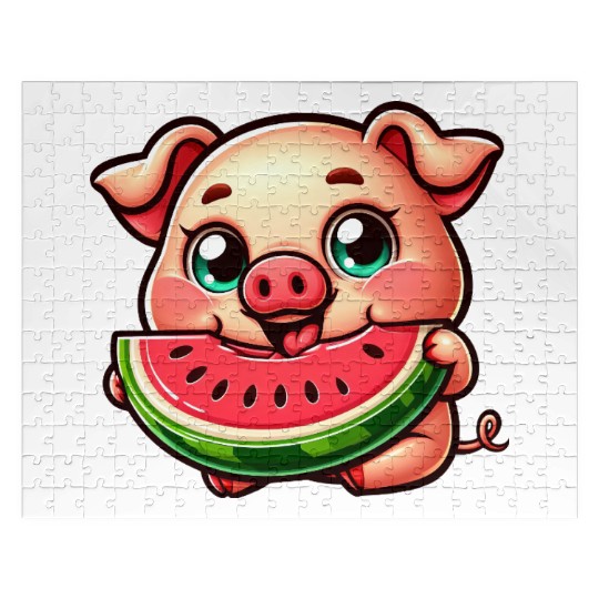 Cute pig with watermelon summer vacation farmer Jigsaw Puzzles