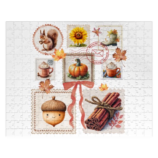 Watercolor Autumn Postage Stamps Fall Vibes Autumn Jigsaw Puzzles