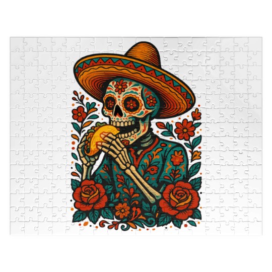 Day of the Dead Skeleton Eating Taco Mexican Folk  Jigsaw Puzzles