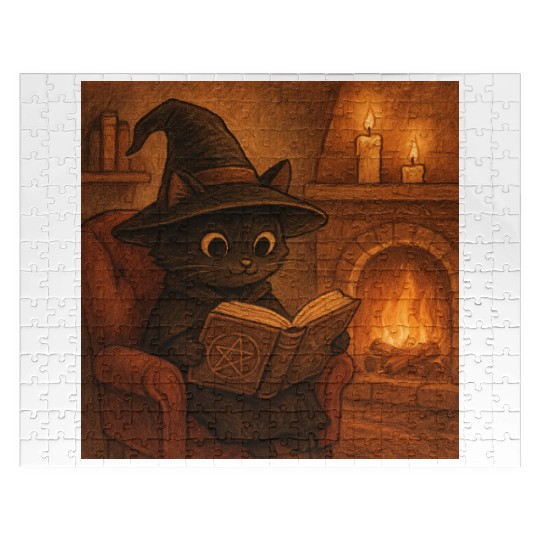 Enchanted Cat Witch by the Fireplace Jigsaw Puzzles