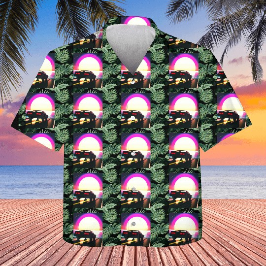 Synthwave Outrun Sports Car Driving Into A Sunset Kids Hawaiians