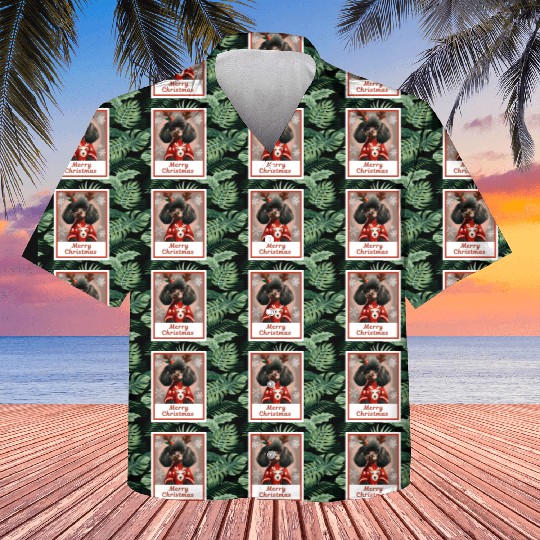 Cute doggy (black miniature poodle) in a festive Kids Hawaiians