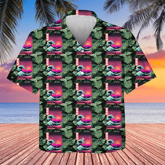 Japanese Art Great Wave Kanagawa Retrowave Style Kids Hawaiians