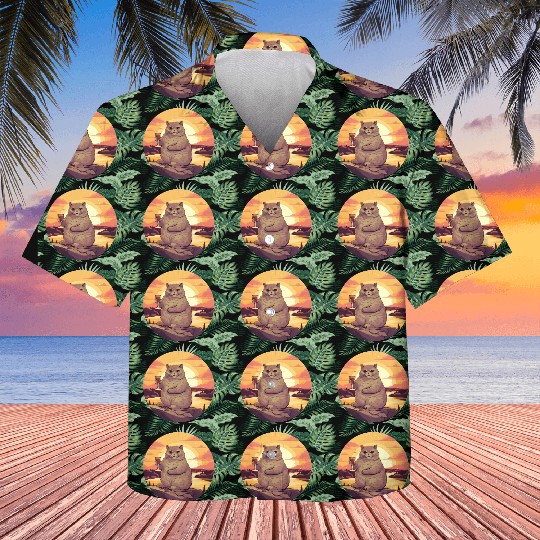 Fat Cat with Red Wine Glass, Humorous Animal Kids Hawaiians