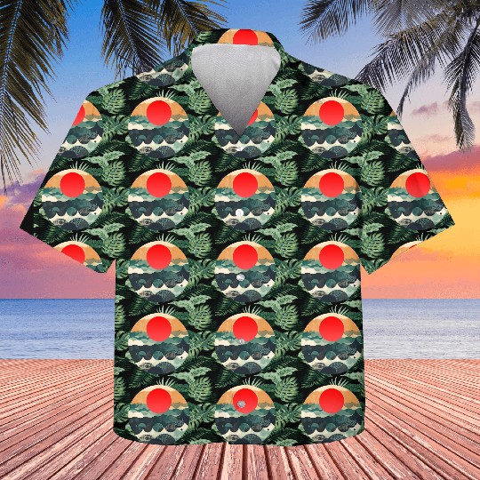 Red sun Japanese Art Inspired Patterned Ocean Kids Hawaiians