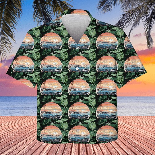 A muscle car cruisingon a coastal road. Kids Hawaiians