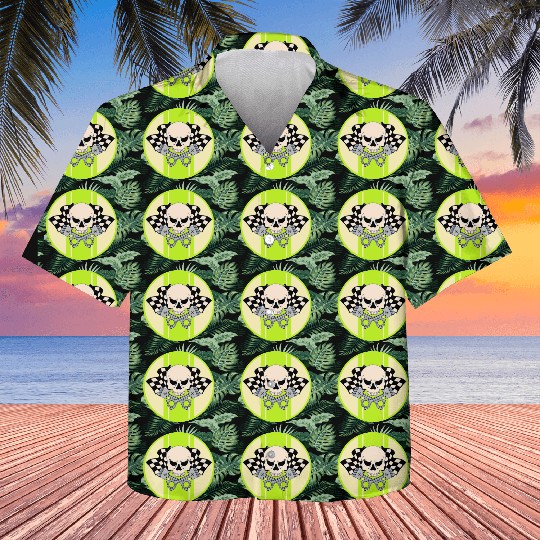 Light green racing stripe with skull and pistons Kids Hawaiians