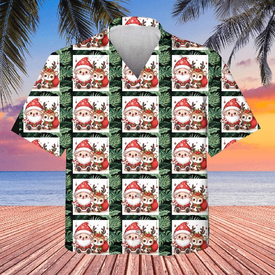 Festive Santa and Reindeer Illustration Kids Hawaiians