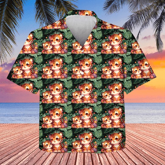 Adorable Tiger Cubs Surrounded By Flowers Kids Hawaiians