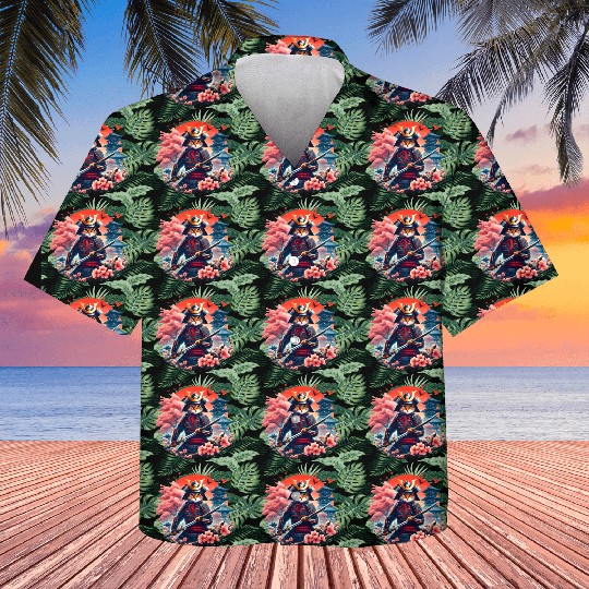 Samurai Cat Graphic Warrior Vintage Japanese Anime Kids Hawaiians