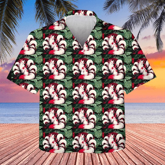 Kitsune Fox Red spider lily Flowers Japanese Nine Kids Hawaiians