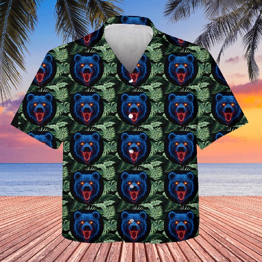 BEAR Roaring in fluo blue with yellow eyes Kids Hawaiians