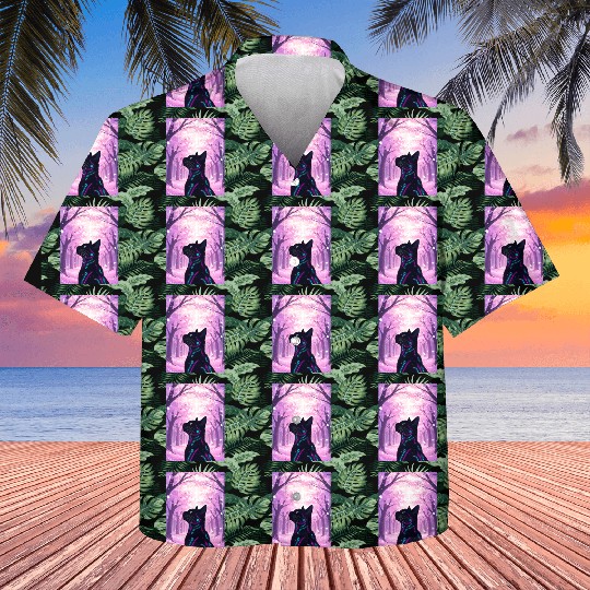 Midnight Cyber Cat | Pink Cherry Blossom Forest Kids Hawaiians