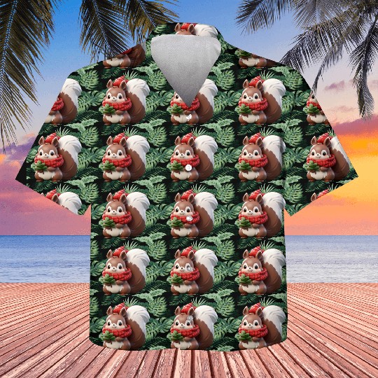 Festive Squirrel with Plaid Hat and Scarf Kids Hawaiians