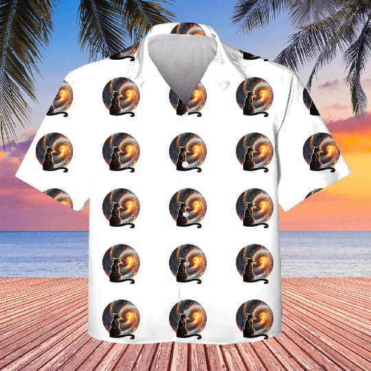 Cat Staring at a Galaxy Cat Dad Cat Lover Kids Hawaiians