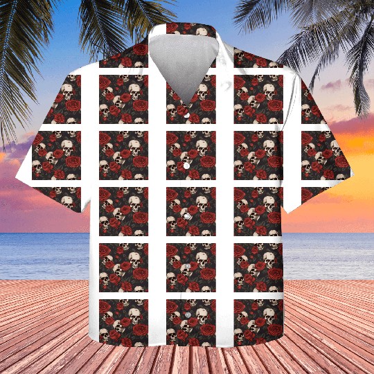 Skulls & Red Roses Dark Gothic Elegant Pattern Kids Hawaiians