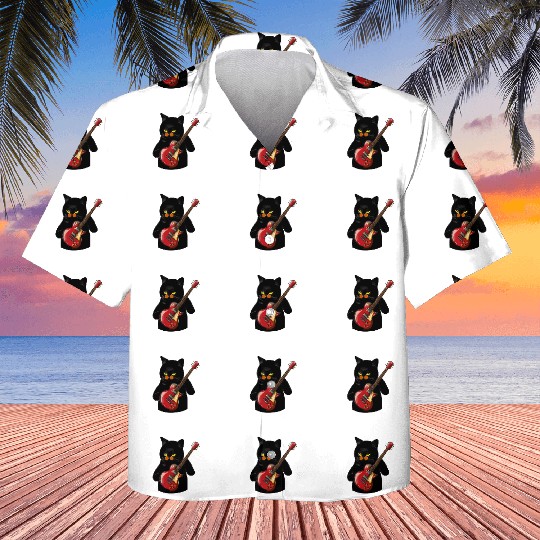 Rock Cat Playing Guitar - Funny Guitar Cat Kids Hawaiians