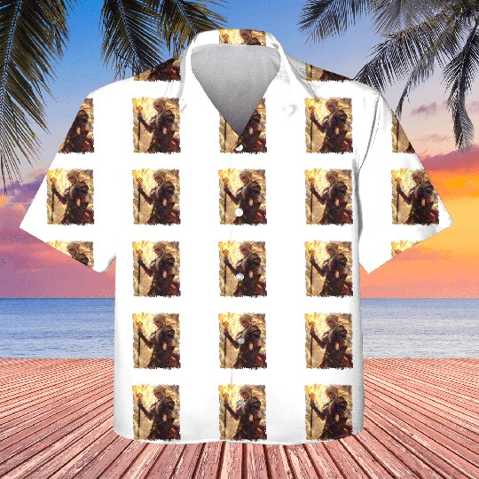 Fiery Elf Mage with Glowing Magical Staff Design Kids Hawaiians