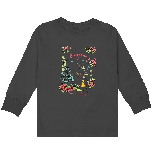 Disney Castle Belle Princess Bonjour Rose , Beauty and the Beast Floral Tee, Magic Kingdom Disneyland Family Holiday 2024 Trip Kids Long Sleeve T-Shirts