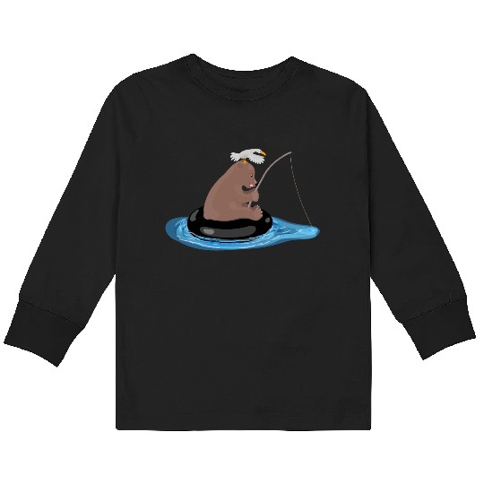 Cute bear cub fishing cartoon illustration Kids Long Sleeve T Shirts