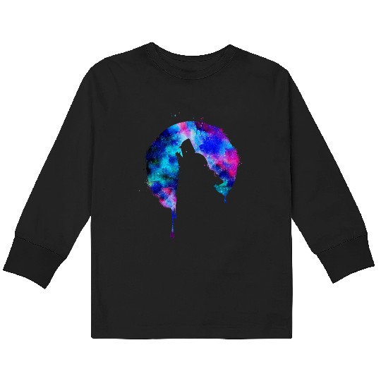 Howling wolf full moon wolves galaxy stars sky Kids Long Sleeve T Shirts