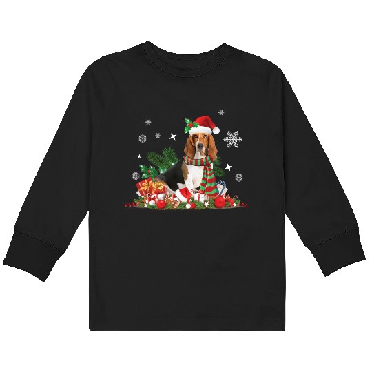 Christmas Basset Hound wearing a Santa Claus Hat Kids Long Sleeve T Shirts