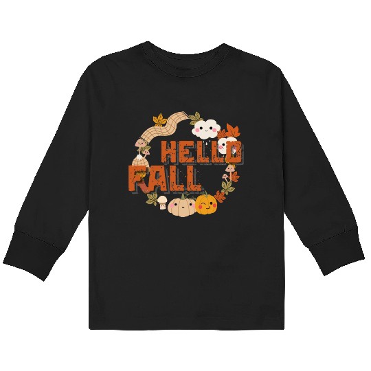 Hello Fall Cute Nature Autumn leaves Pumpkins Kids Long Sleeve T Shirts