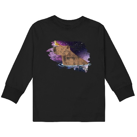 Distressed Capybara And Bird Nature Animal Rodent Kids Long Sleeve T Shirts