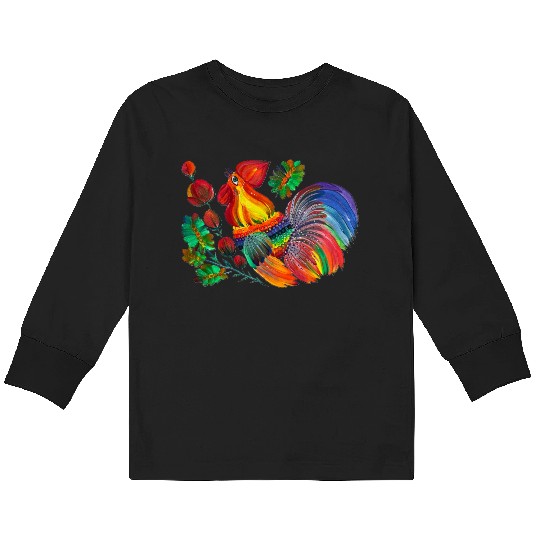 Magic cock. Petrykivka painting. Rainbow rooster Kids Long Sleeve T Shirts