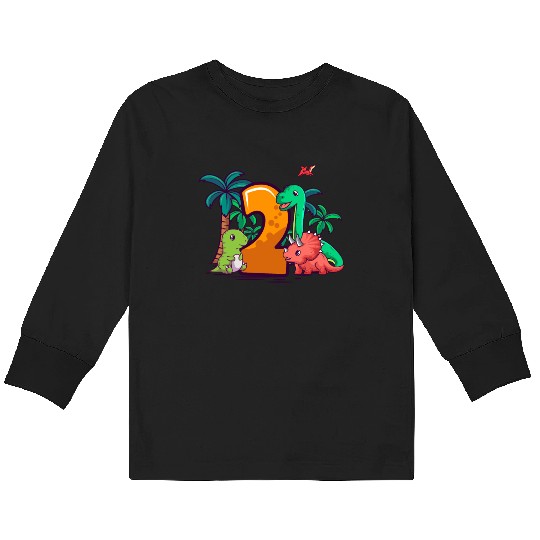 2nd Birthday Trex Triceratops Dinosaur 2 Year Kids Long Sleeve T Shirts