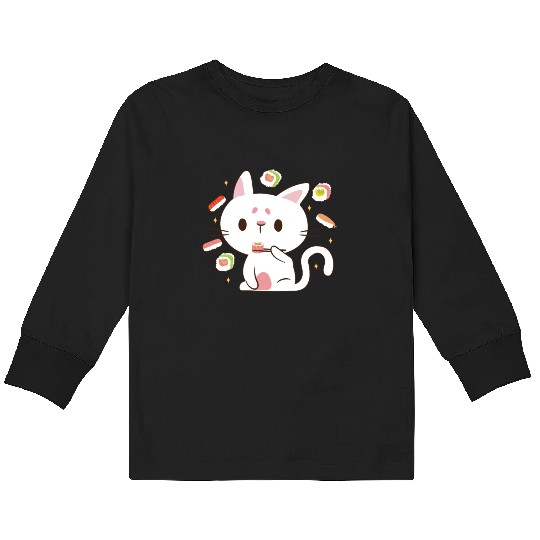 Kawaii Cat Eating Sushi Japanese Raw Food Kids Long Sleeve T Shirts