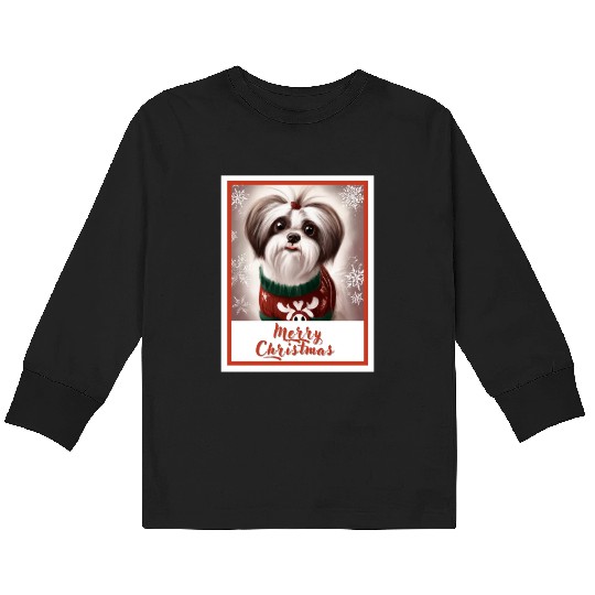 Shih tzu dog in a Christmas reindeer sweater. Kids Long Sleeve T Shirts