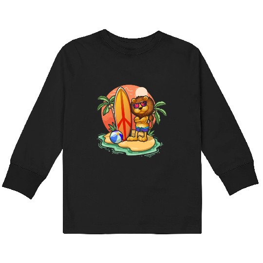 Funny Lion Surf Lovers Cool Surfboard Surfing Pun Kids Long Sleeve T Shirts