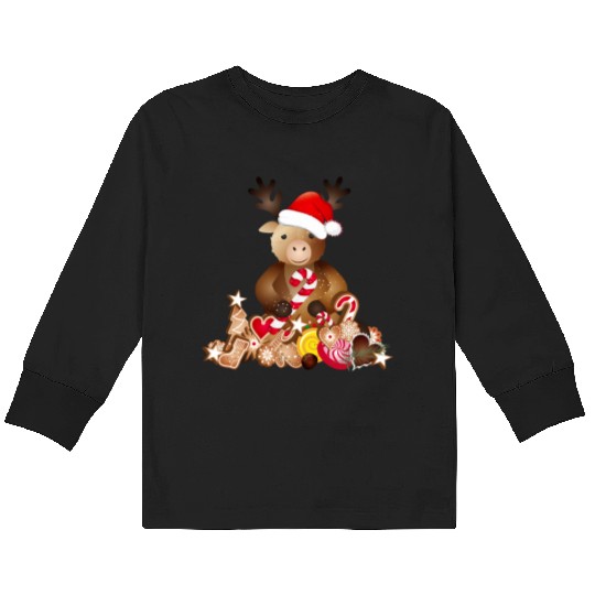 cute reindeer for christmas with santa hat Kids Long Sleeve T Shirts