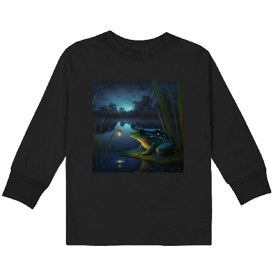 Frog and Firefly Friends on the Pond at Night Kids Long Sleeve T Shirts