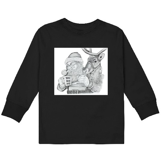 Festive Santa and Reindeer Illustration Kids Long Sleeve T Shirts