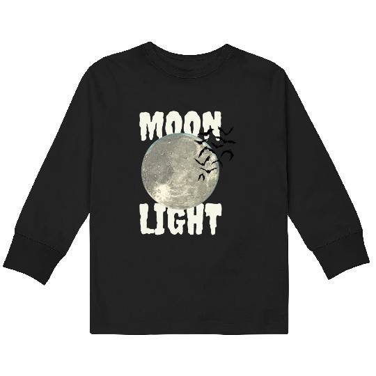Dark Green Illustrated Moon Light Bat Kids Long Sleeve T Shirts