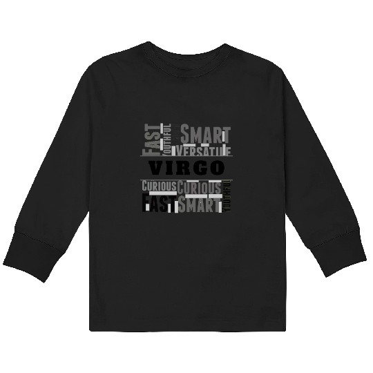 Virgo Zodiac Star Sign Word Cloud Square Monochrom Kids Long Sleeve T Shirts