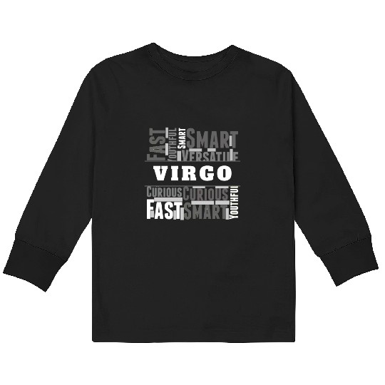 Virgo Zodiac Star Sign Word Cloud Square Monochrom Kids Long Sleeve T Shirts