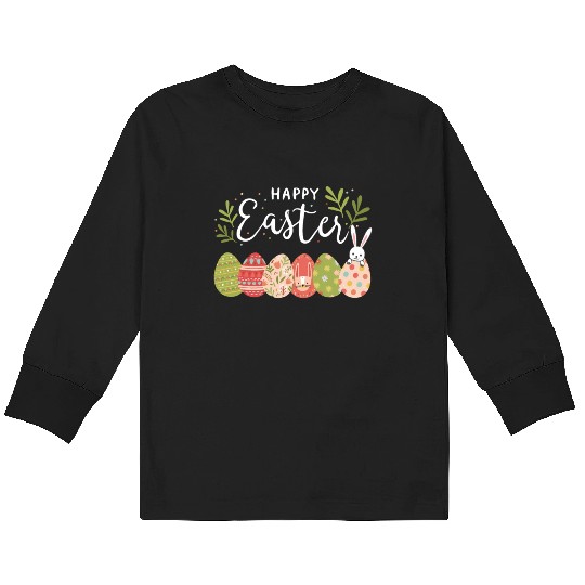 Happy Easter Spring Flowers Bunny Rabbit Egg Hunt Kids Long Sleeve T Shirts