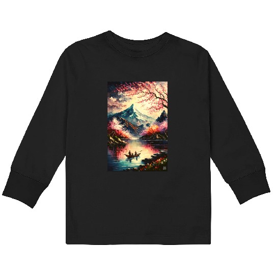 Serenity of the Cherry Blossom River Kids Long Sleeve T Shirts